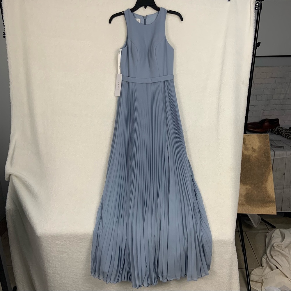 Azazie Bridesmaid Lindie Dress Dusty Blue Maxi A-Line Pleated Chiffon NWT Size 6